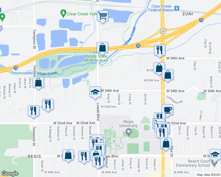 map of restaurants, bars, coffee shops, grocery stores, and more near 3445 West 54th Avenue in Denver