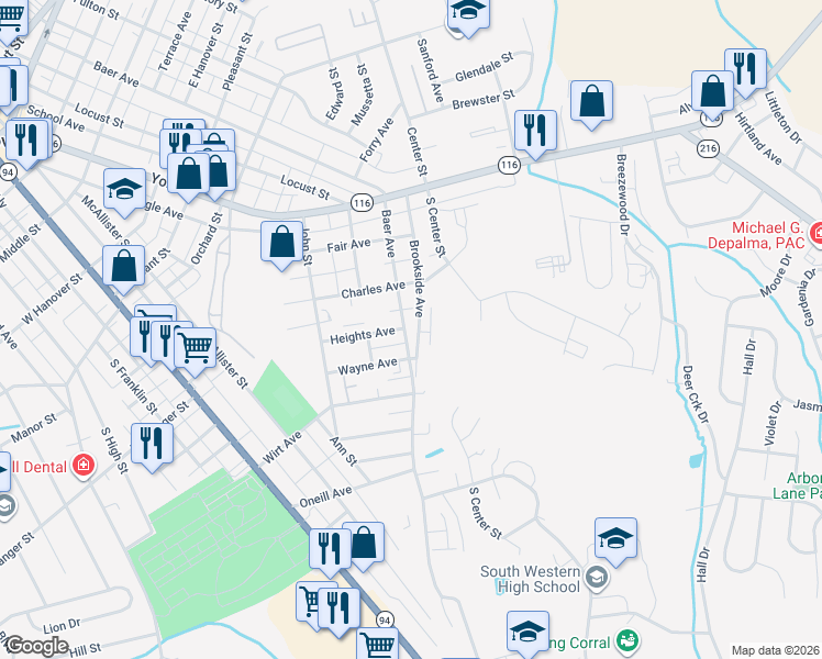 map of restaurants, bars, coffee shops, grocery stores, and more near 1002 Baer Avenue in Hanover