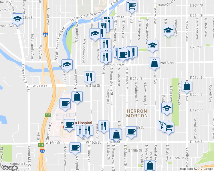map of restaurants, bars, coffee shops, grocery stores, and more near 46 E 21st St in Indianapolis