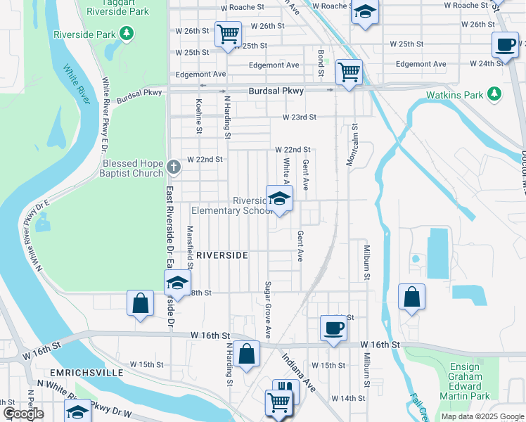 map of restaurants, bars, coffee shops, grocery stores, and more near 2032 Sugar Grove Avenue in Indianapolis