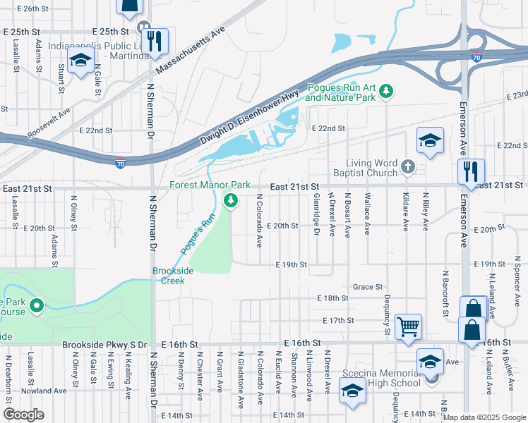 map of restaurants, bars, coffee shops, grocery stores, and more near 2021 North Colorado Avenue in Indianapolis