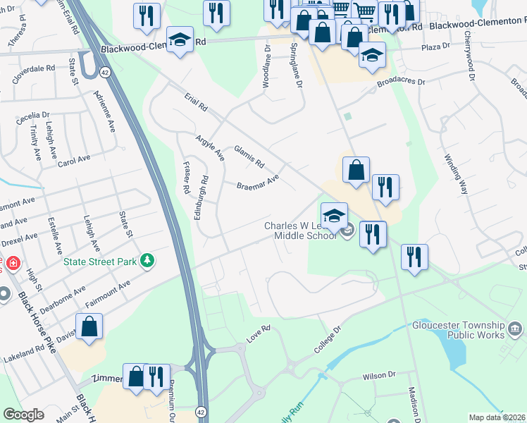 map of restaurants, bars, coffee shops, grocery stores, and more near 79 Edinburgh Road in Camden County