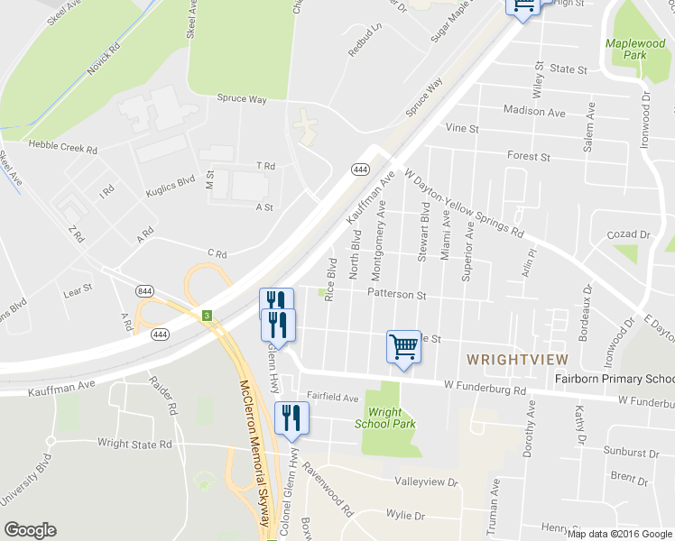 map of restaurants, bars, coffee shops, grocery stores, and more near 1730 Rice Boulevard in Fairborn