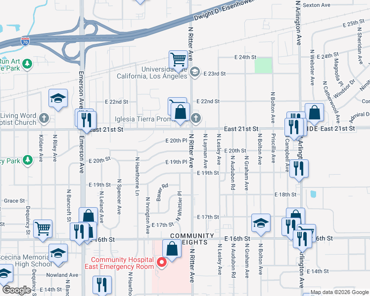 map of restaurants, bars, coffee shops, grocery stores, and more near 5438 East 20th Street in Indianapolis