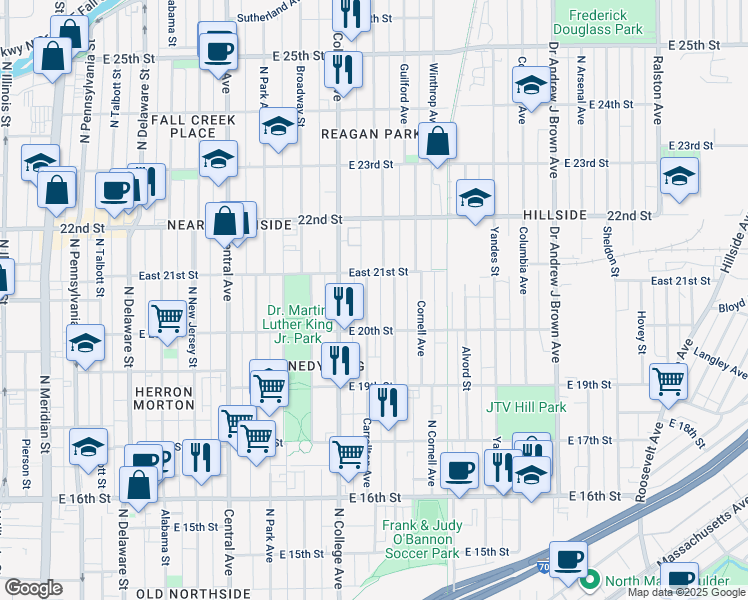 map of restaurants, bars, coffee shops, grocery stores, and more near 2035 Carrollton Avenue in Indianapolis