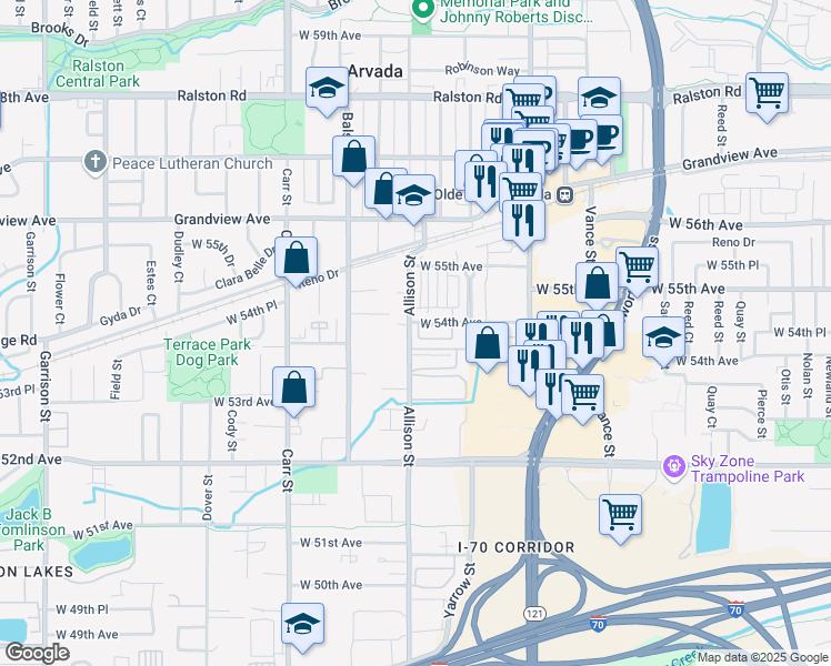 map of restaurants, bars, coffee shops, grocery stores, and more near 5390 Allison Street in Arvada