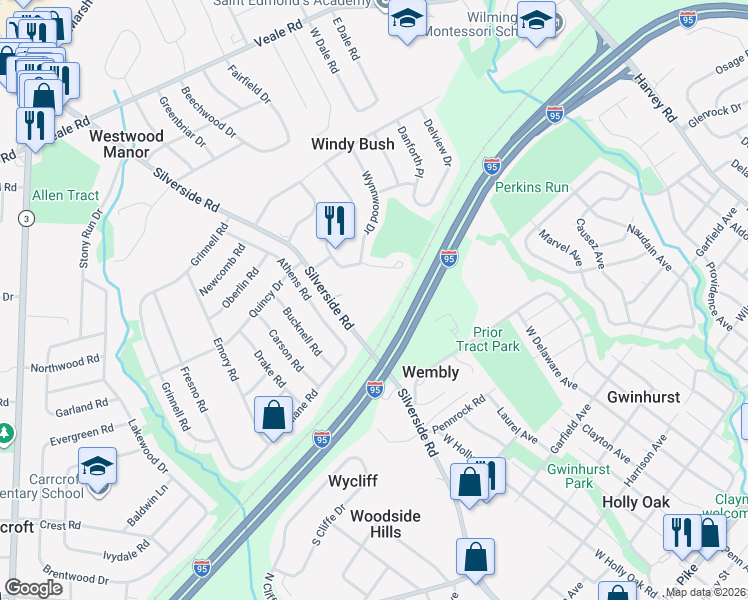 map of restaurants, bars, coffee shops, grocery stores, and more near 1409 Silverside Road in Wilmington