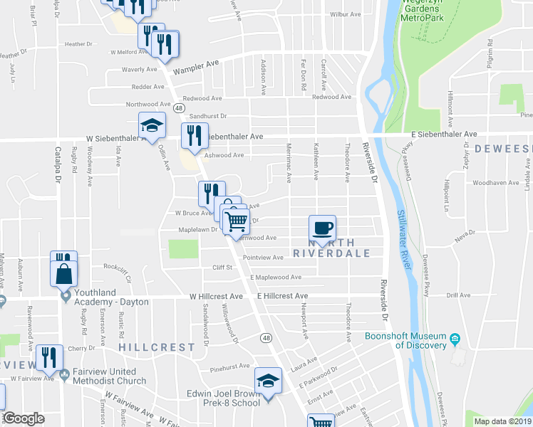 map of restaurants, bars, coffee shops, grocery stores, and more near 101 Knecht Drive in Dayton