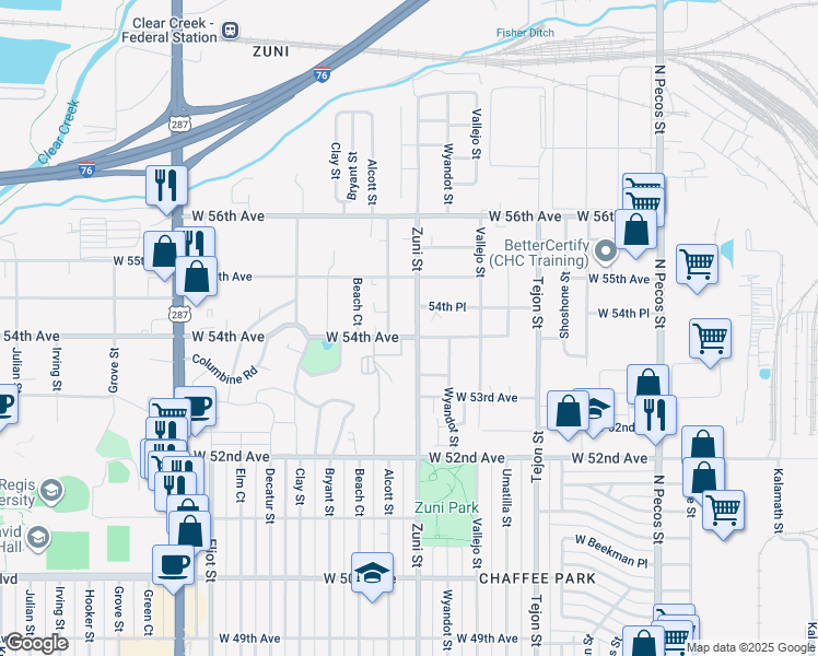 map of restaurants, bars, coffee shops, grocery stores, and more near 5420 Alcott Street in Denver