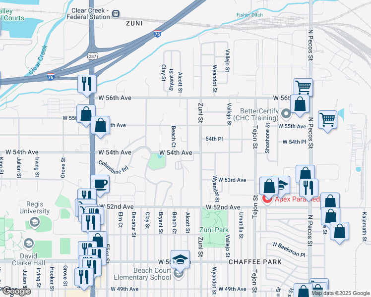 map of restaurants, bars, coffee shops, grocery stores, and more near 5420 Alcott Street in Denver