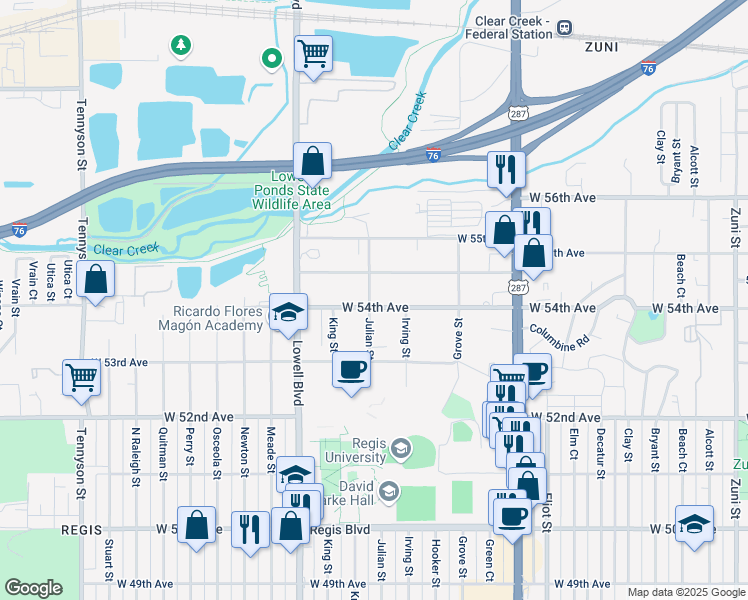 map of restaurants, bars, coffee shops, grocery stores, and more near 3355 West 54th Avenue in Denver