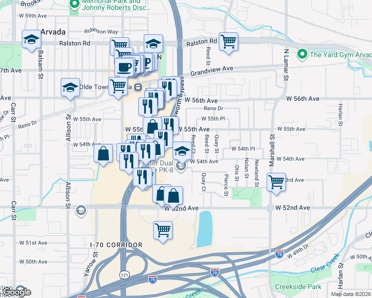 map of restaurants, bars, coffee shops, grocery stores, and more near 5425 Saulsbury Court in Arvada