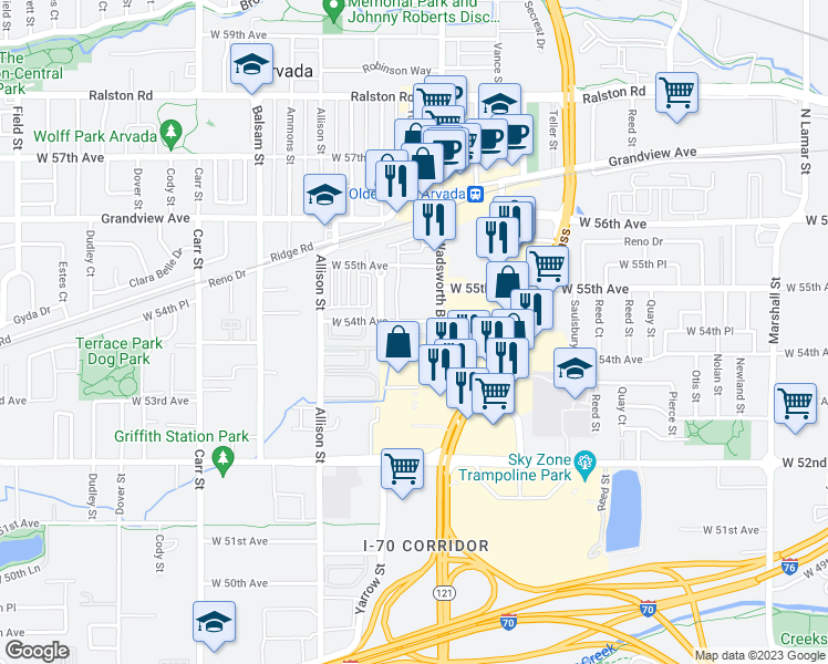 map of restaurants, bars, coffee shops, grocery stores, and more near 7708 West 54th Avenue in Arvada