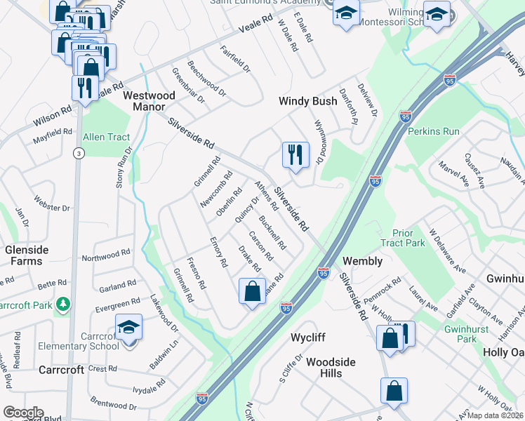 map of restaurants, bars, coffee shops, grocery stores, and more near 1420 Athens Road in Wilmington