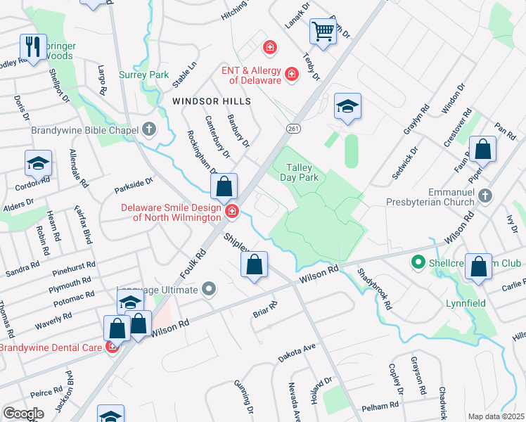 map of restaurants, bars, coffee shops, grocery stores, and more near 1212 Foulk Road in Wilmington
