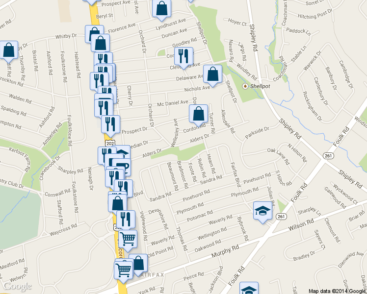 map of restaurants, bars, coffee shops, grocery stores, and more near 206 Alders Drive in Wilmington