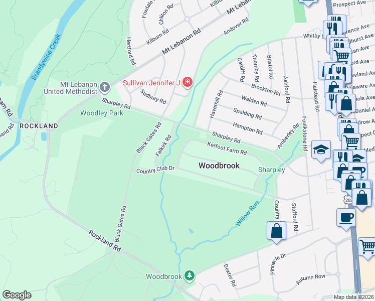 map of restaurants, bars, coffee shops, grocery stores, and more near 542 Kerfoot Farm Road in Wilmington