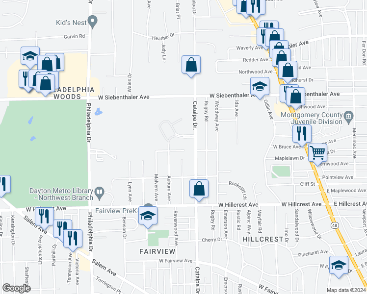 map of restaurants, bars, coffee shops, grocery stores, and more near 721 Golfview Avenue in Dayton