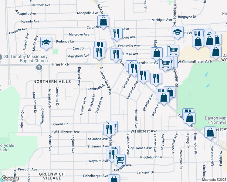 map of restaurants, bars, coffee shops, grocery stores, and more near 2704 Wentworth Ave in Dayton