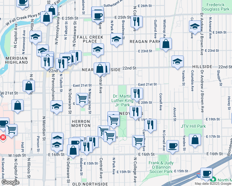 map of restaurants, bars, coffee shops, grocery stores, and more near 2037 Ruckle Street in Indianapolis