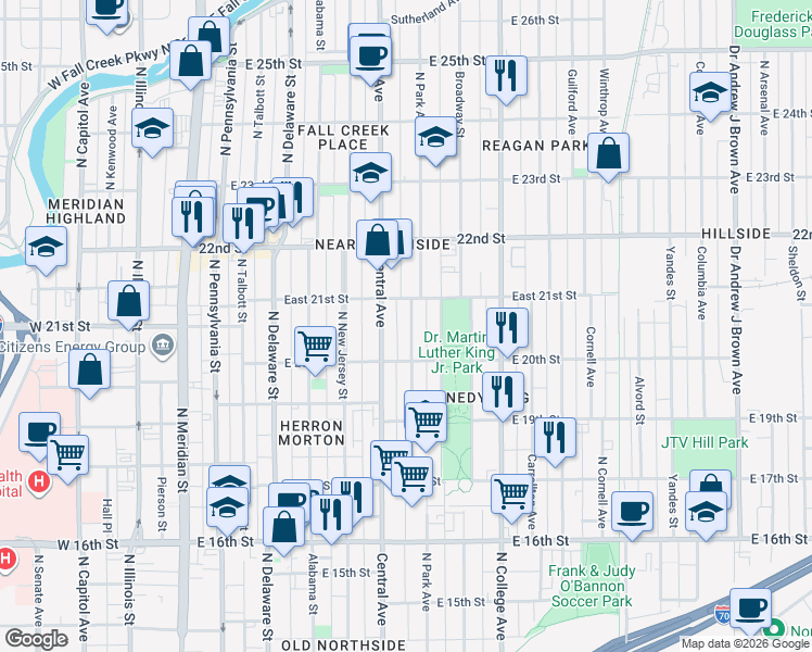 map of restaurants, bars, coffee shops, grocery stores, and more near 2037 Ruckle Street in Indianapolis
