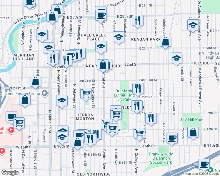 map of restaurants, bars, coffee shops, grocery stores, and more near 2037 Ruckle Street in Indianapolis
