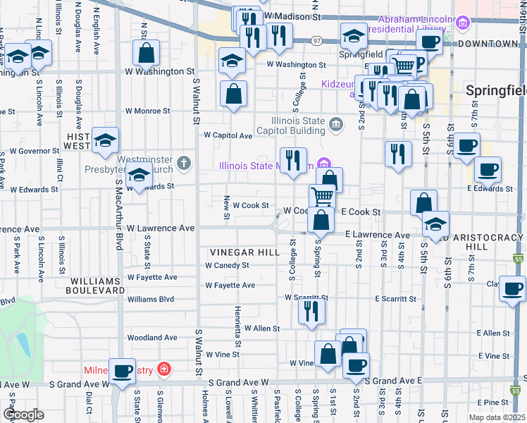 map of restaurants, bars, coffee shops, grocery stores, and more near 426 West Cook Street in Springfield