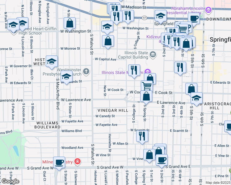 map of restaurants, bars, coffee shops, grocery stores, and more near 426 West Cook Street in Springfield