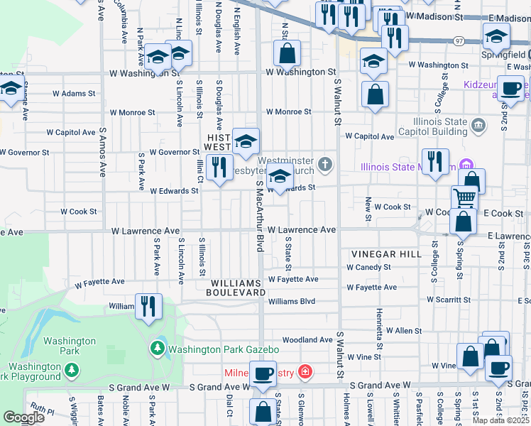map of restaurants, bars, coffee shops, grocery stores, and more near 703 South MacArthur Boulevard in Springfield