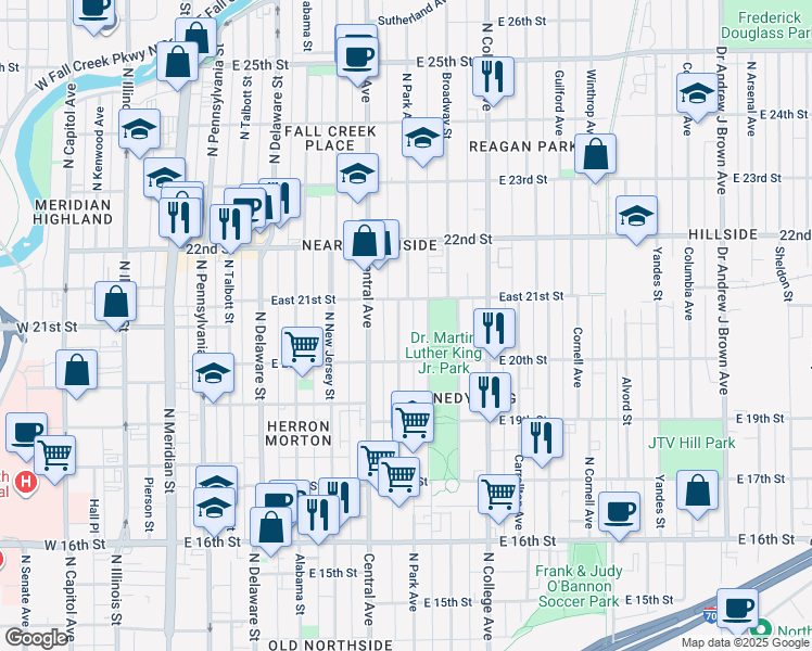 map of restaurants, bars, coffee shops, grocery stores, and more near 2037 Ruckle Street in Indianapolis