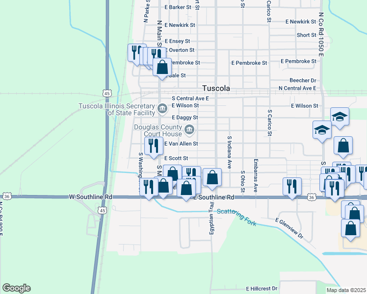 map of restaurants, bars, coffee shops, grocery stores, and more near 203 East Van Allen Street in Tuscola