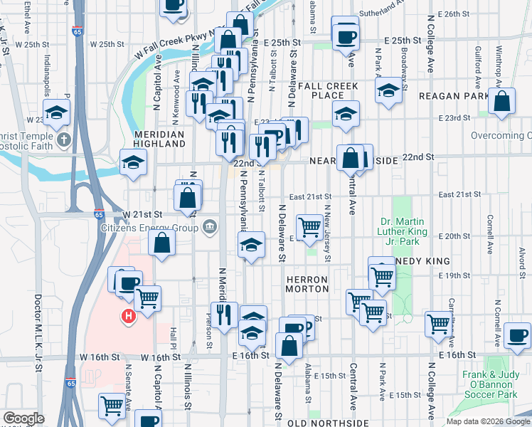 map of restaurants, bars, coffee shops, grocery stores, and more near 115 East 21st Street in Indianapolis