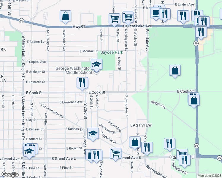 map of restaurants, bars, coffee shops, grocery stores, and more near 603 White City Boulevard in Springfield
