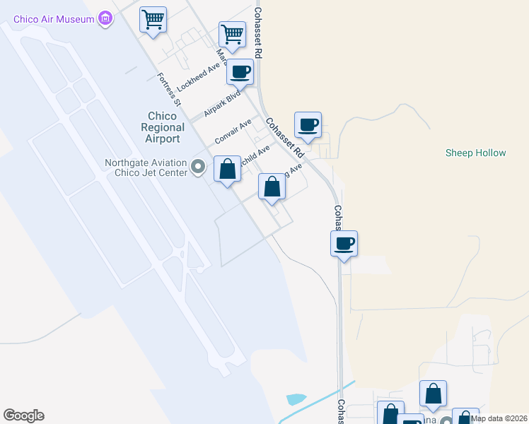 map of restaurants, bars, coffee shops, grocery stores, and more near 651 Thunderbolt Street in Chico