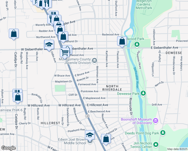 map of restaurants, bars, coffee shops, grocery stores, and more near 121 Knecht Drive in Dayton