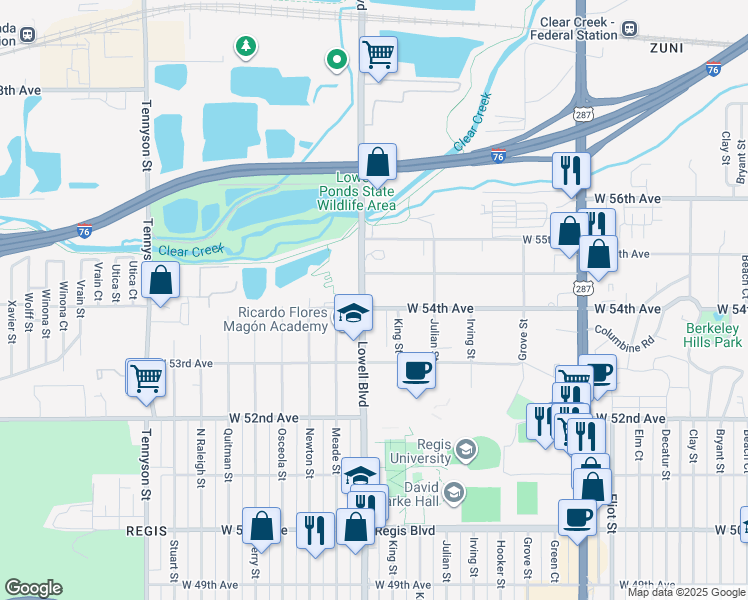 map of restaurants, bars, coffee shops, grocery stores, and more near 5400 Lowell Boulevard in Denver