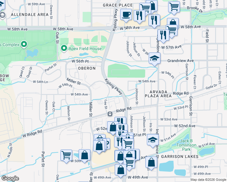 map of restaurants, bars, coffee shops, grocery stores, and more near 5458 Lee Street in Arvada