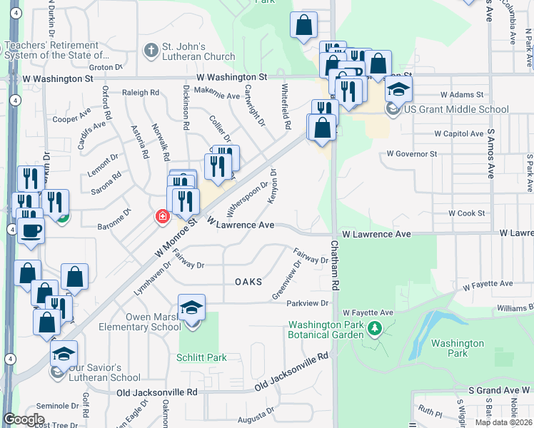 map of restaurants, bars, coffee shops, grocery stores, and more near 618 Kenyon Drive in Springfield