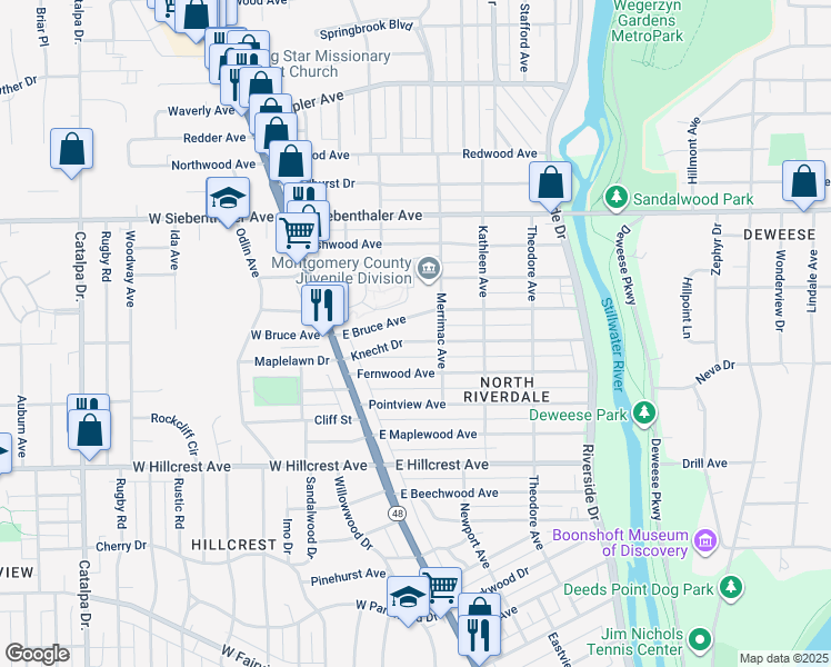map of restaurants, bars, coffee shops, grocery stores, and more near 109 Knecht Dr in Dayton