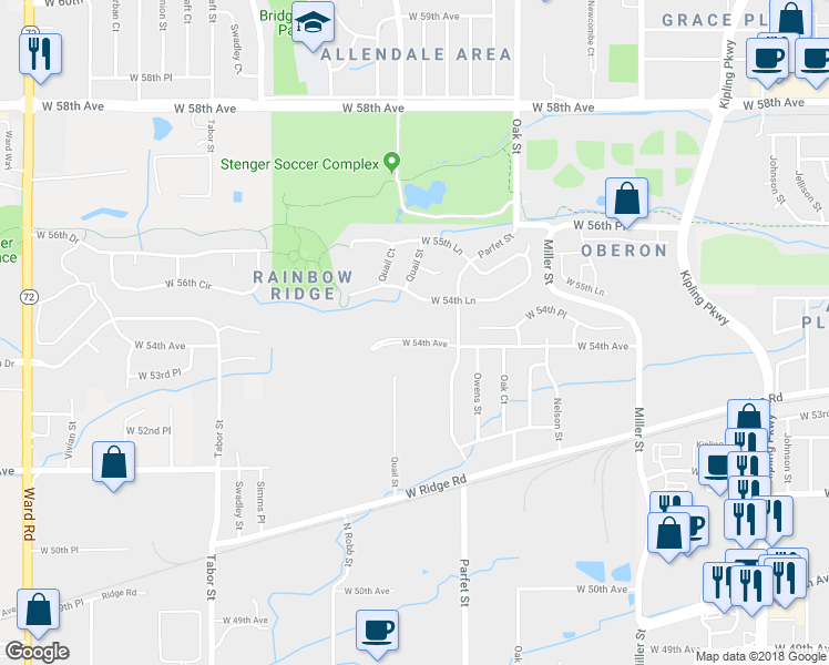 map of restaurants, bars, coffee shops, grocery stores, and more near 11151 West 54th Avenue in Arvada