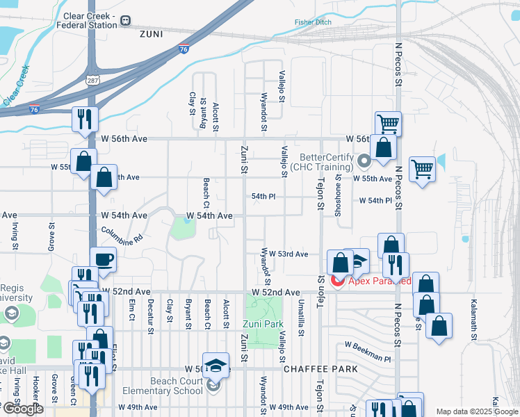 map of restaurants, bars, coffee shops, grocery stores, and more near 2301 West 54th Avenue in Denver