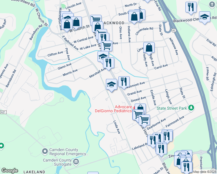 map of restaurants, bars, coffee shops, grocery stores, and more near 14 Fanelli Lane in Camden County