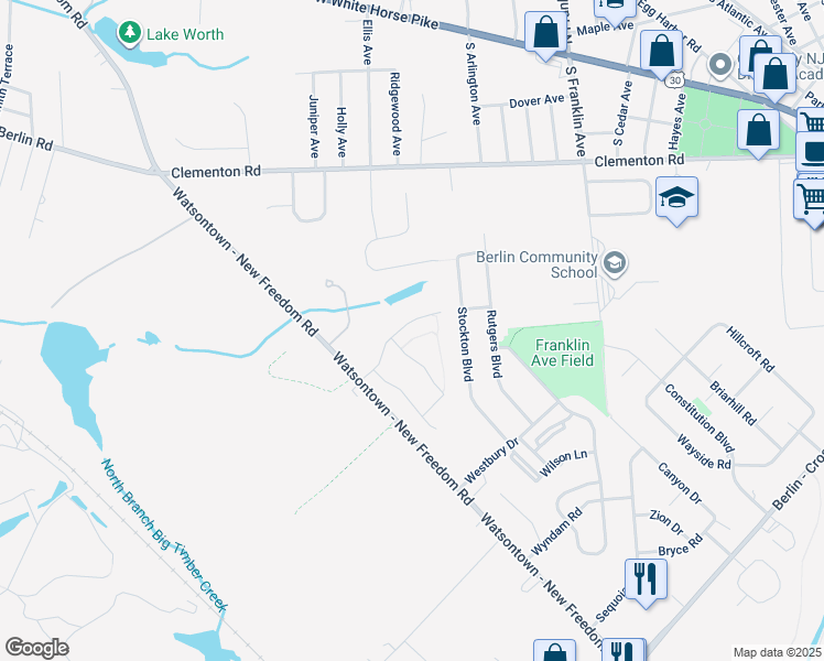 map of restaurants, bars, coffee shops, grocery stores, and more near 26 Carriage Stop Drive in Berlin