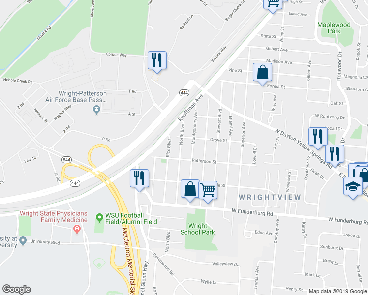 map of restaurants, bars, coffee shops, grocery stores, and more near 1724 North Boulevard in Fairborn