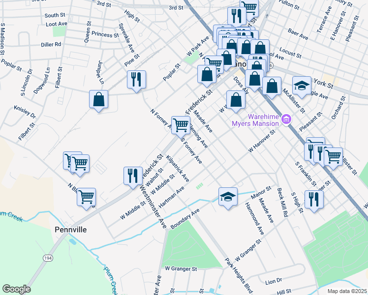 map of restaurants, bars, coffee shops, grocery stores, and more near 500 West Walnut Street in Hanover