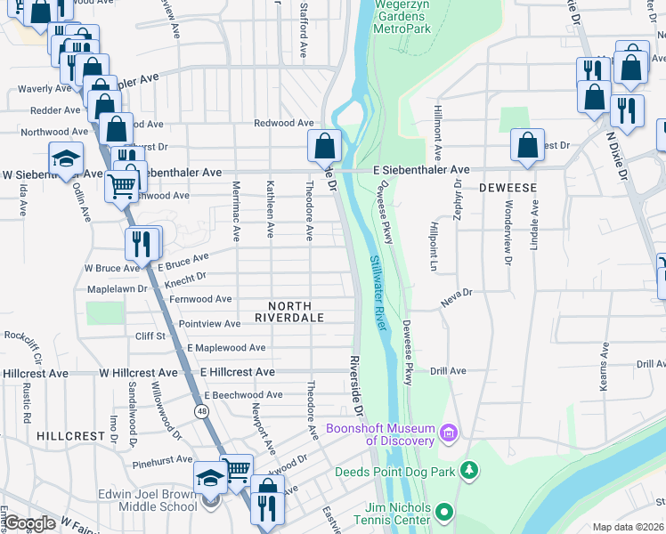 map of restaurants, bars, coffee shops, grocery stores, and more near 429 Knecht Drive in Dayton