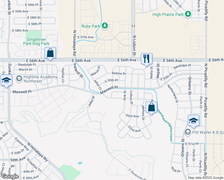 map of restaurants, bars, coffee shops, grocery stores, and more near 5519 Killarney Street in Denver