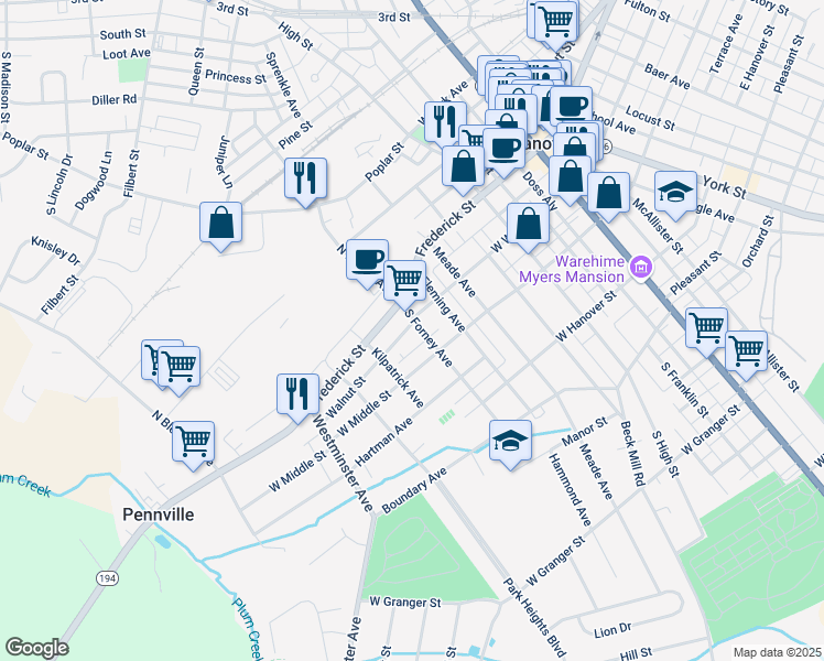 map of restaurants, bars, coffee shops, grocery stores, and more near 500 West Walnut Street in Hanover