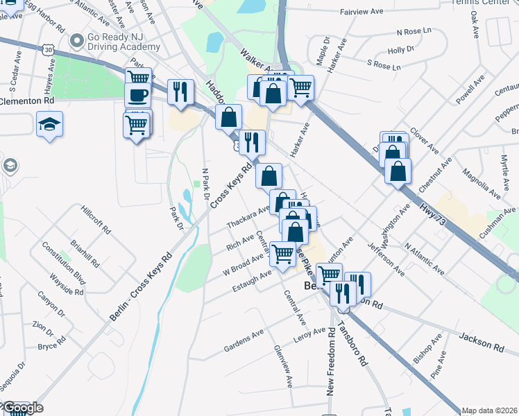 map of restaurants, bars, coffee shops, grocery stores, and more near 3 Thackara Avenue in Berlin