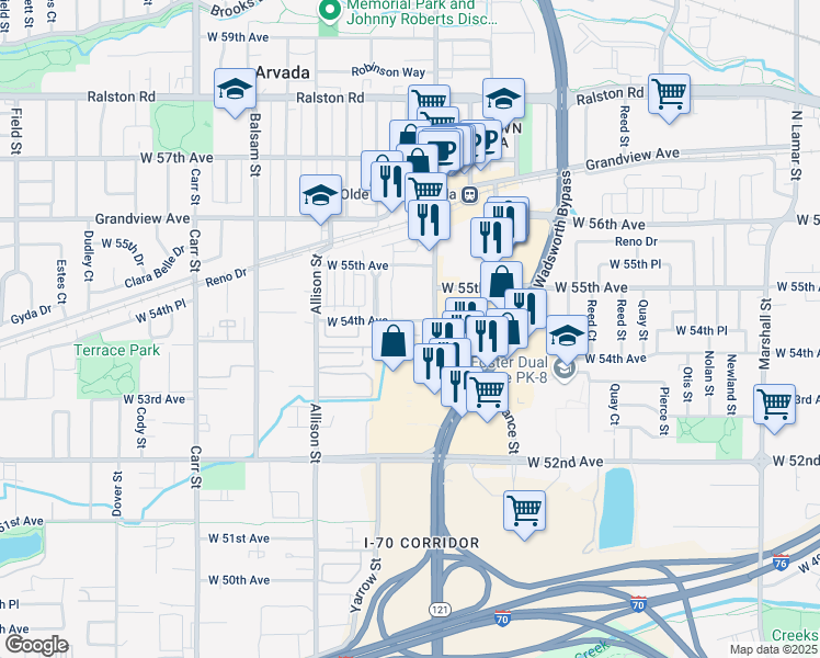 map of restaurants, bars, coffee shops, grocery stores, and more near 7708 West 54th Avenue in Arvada